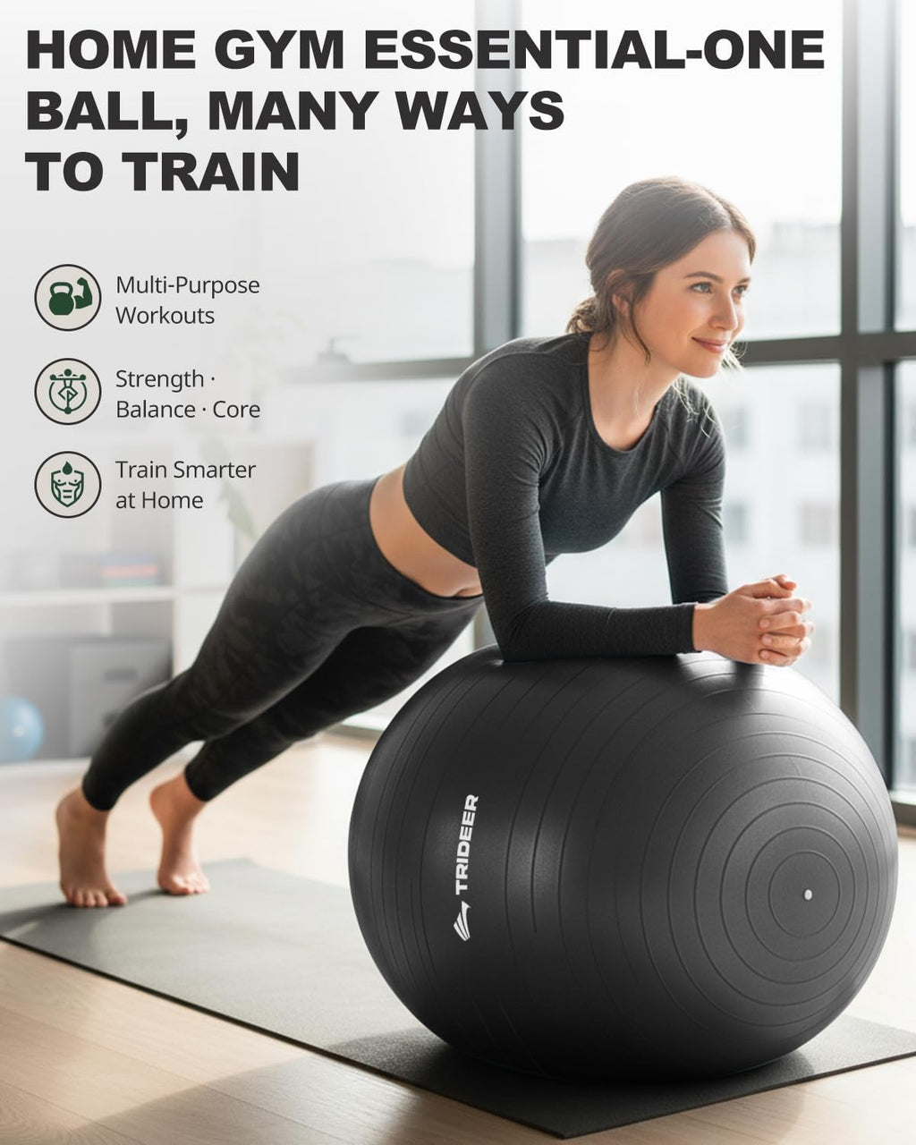 Trideer Exercise Ball for Yoga, Pilates & Fitness – Stability Ball Equipment for Home Gym & Office Chair, Core & Balance Training Accessories, Physical Therapy Equipment, Quick Pump Included, 5 Sizes