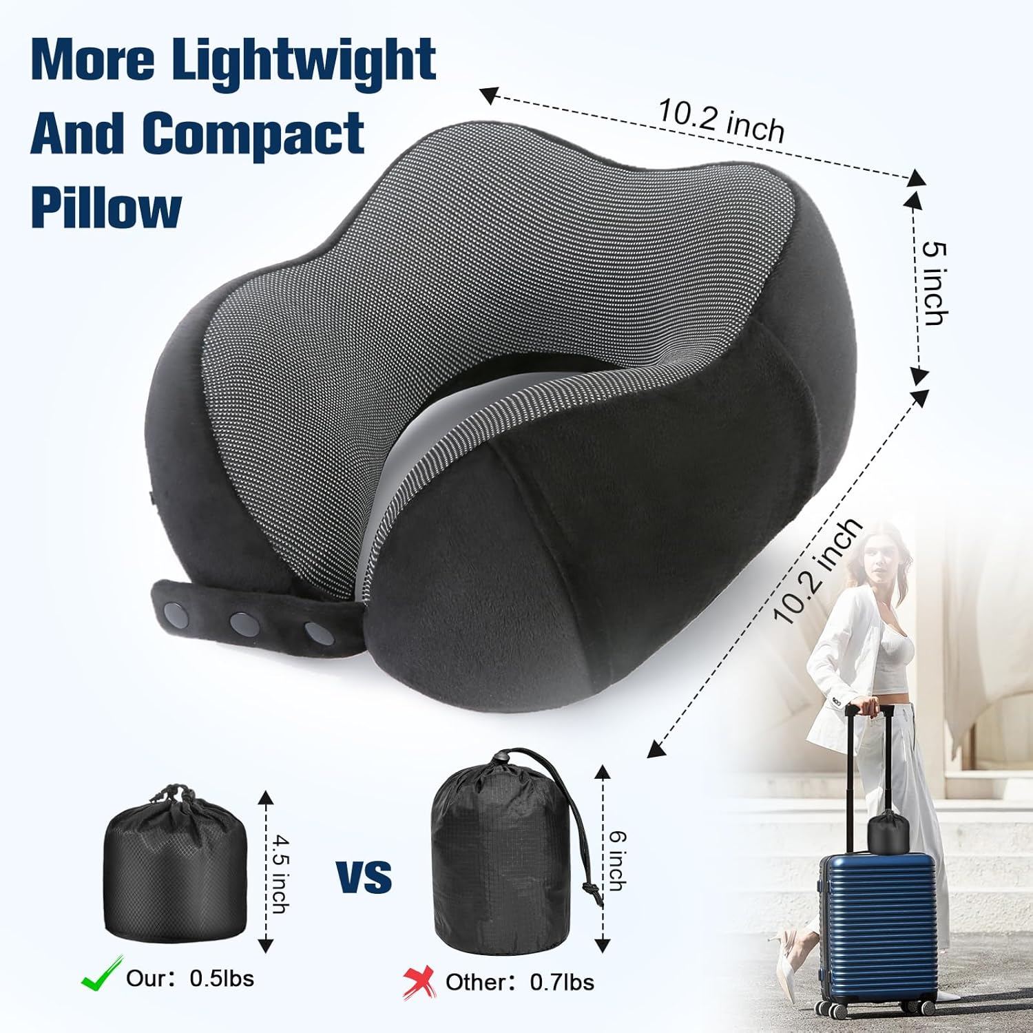 Cirorld Neck Pillow for Traveling, Travel Pillows for Airplanes,100% Pure Memory Foam Travel Neck Pillow, Adjustable Flight Pillow, Portable Plane Accessories with Eye Mask, Earplugs, Carry Bag