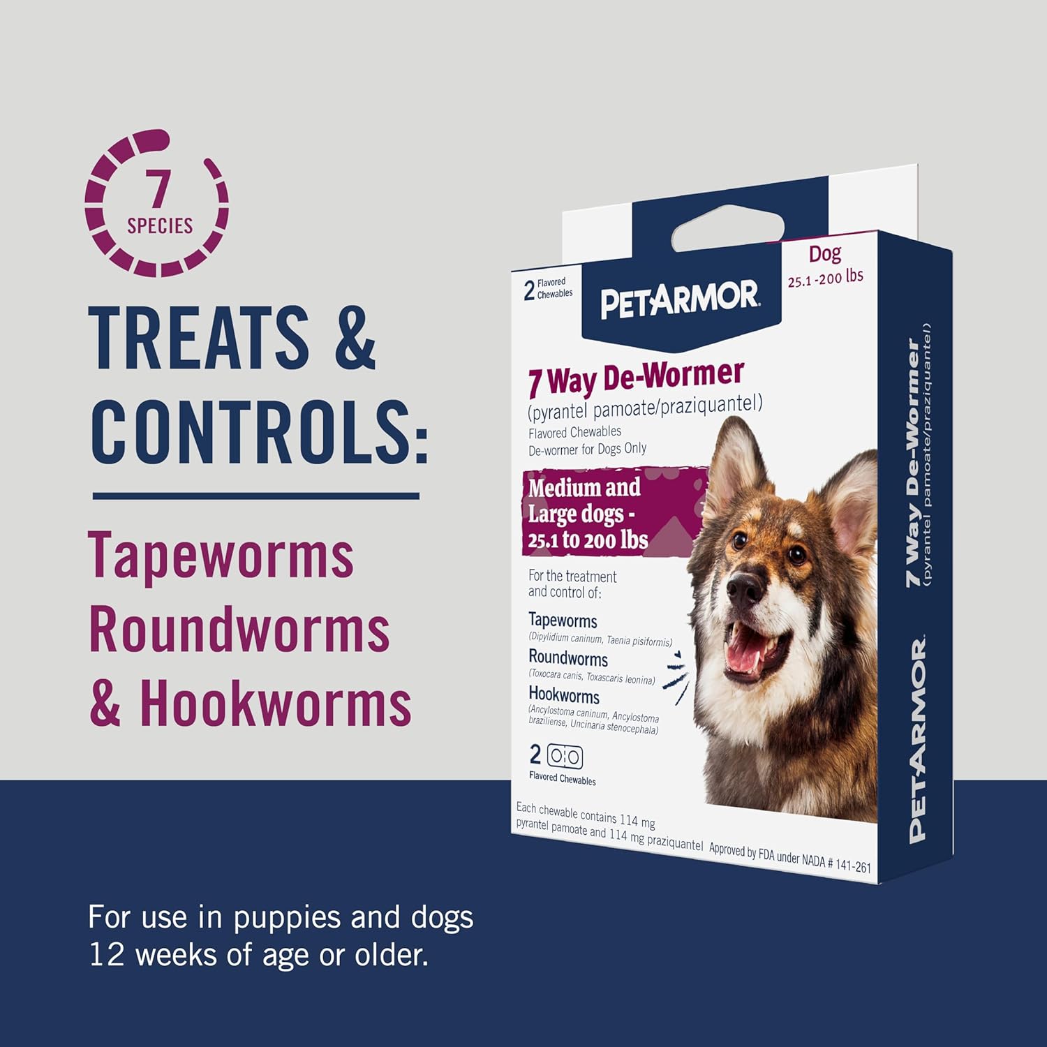 PetArmor 7 Way De-Wormer for Dogs, Oral Treatment for Tapeworm, Roundworm & Hookworm in Large Dogs & Puppies (Over 25 lbs), Worm Remover, Puppy Dewormer (Praziquantel & Pyrantel Pamoate), 2 Chewables